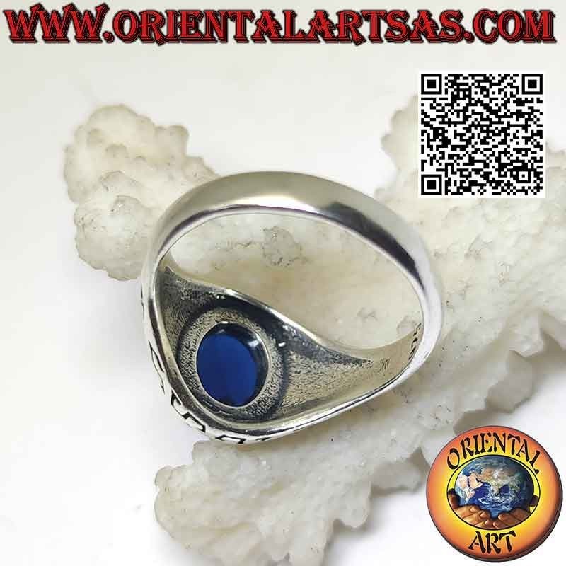 Silver ring with faceted oval synthetic sapphire and engraved Greek on the sides