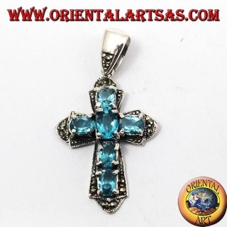 pendentif, croix en argent et marcassiti avec six topaze bleue
