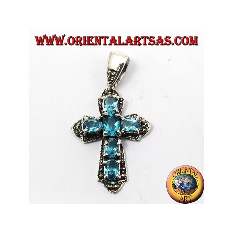 pendant, silver cross and marcassiti with six blue topaz