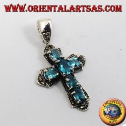 Anhänger, Silber Kreuz und marcassiti mit sechs blauen Topas