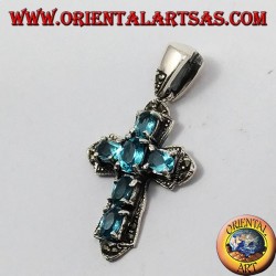 pendentif, croix en argent et marcassiti avec six topaze bleue