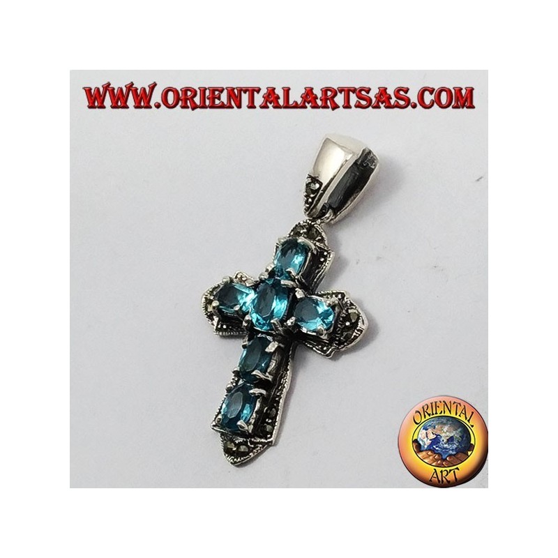 pendant, silver cross and marcassiti with six blue topaz