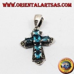 pendentif, croix en argent et marcassiti avec six topaze bleue
