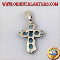 pendant, silver cross and marcassiti with six blue topaz