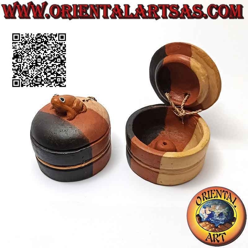 Brucia incenso tondo a scatola con ranocchio in terracotta realizzato a mano