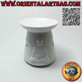 Quemador para aceites esenciales, casa con buda en relieve en cerámica blanca