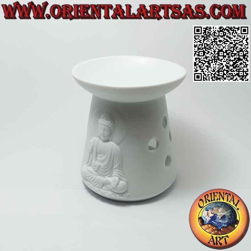Bruciatore per oli essenziali, casetta con buddha in rilievo in ceramica bianca