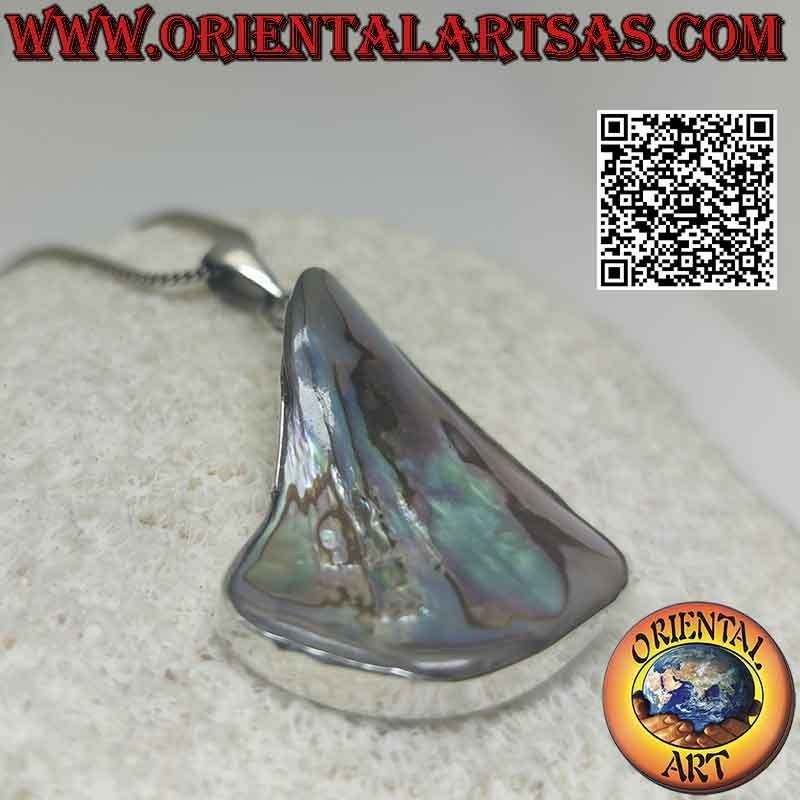 Pendentif en argent avec coquille de paua de forme irrégulière (ormeau) avec fil de bord lisse (d)