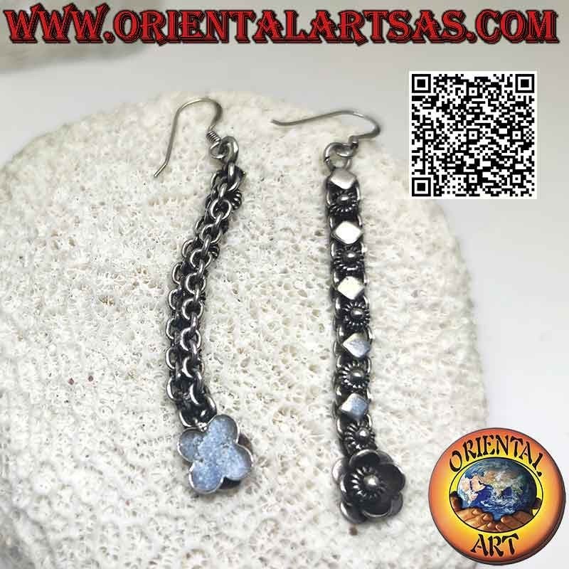 Silver earrings with a row of flowers and alternating rhomboid plates (pendants)