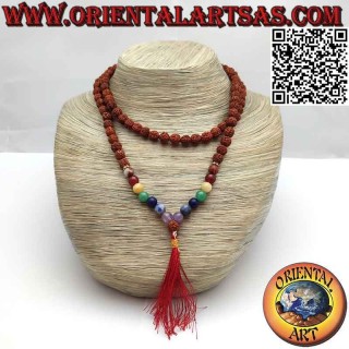 Chapelet bouddhiste Mālā (Japamālā) de 108 grains de 8 mm. en Rudraksha et pierres des 7 chakras