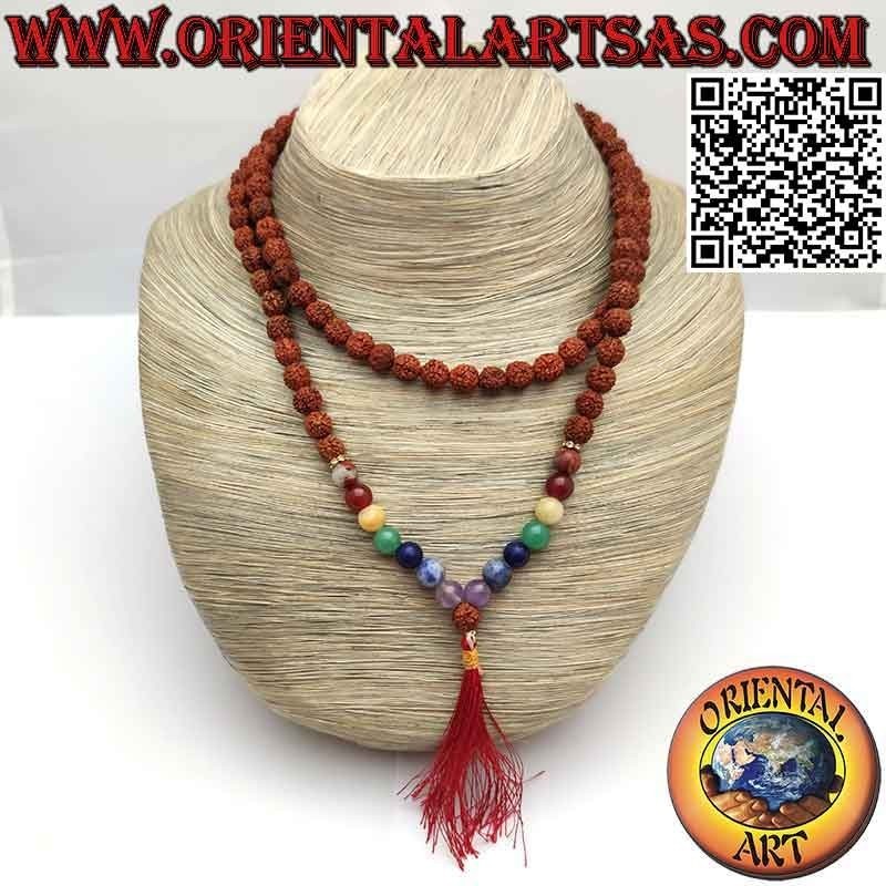 Mālā (Japamālā) Buddhistischer Rosenkranz aus 108 Perlen von 8 mm. in Rudraksha und Steine ​​der 7 Chakren