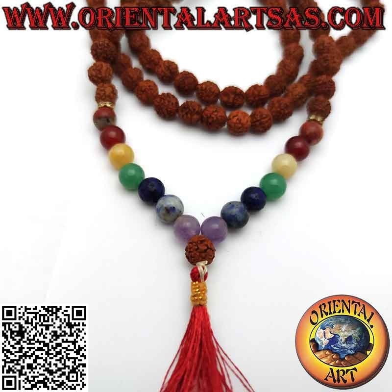 Mālā (Japamālā) Buddhist rosary of 108 beads of 8 mm. in Rudraksha and stones of the 7 chakras