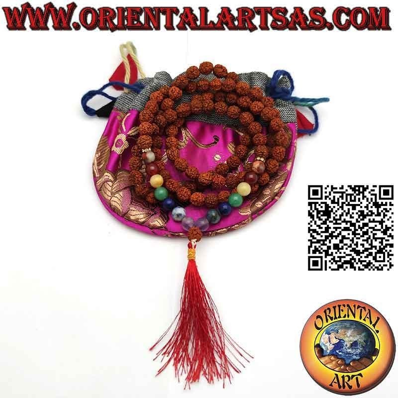 Chapelet bouddhiste Mālā (Japamālā) de 108 grains de 8 mm. en Rudraksha et pierres des 7 chakras