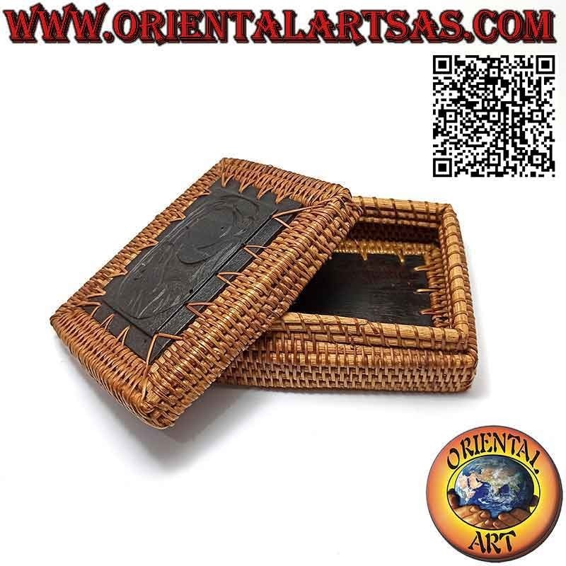 Scatola portagioie rettangolare con decoro inciso in legno di mogano e midollino (13 x 10)