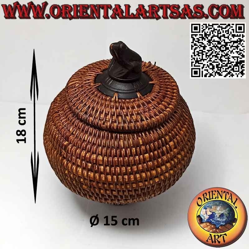Spherical jewelry box with carved sculpture in mahogany and wicker