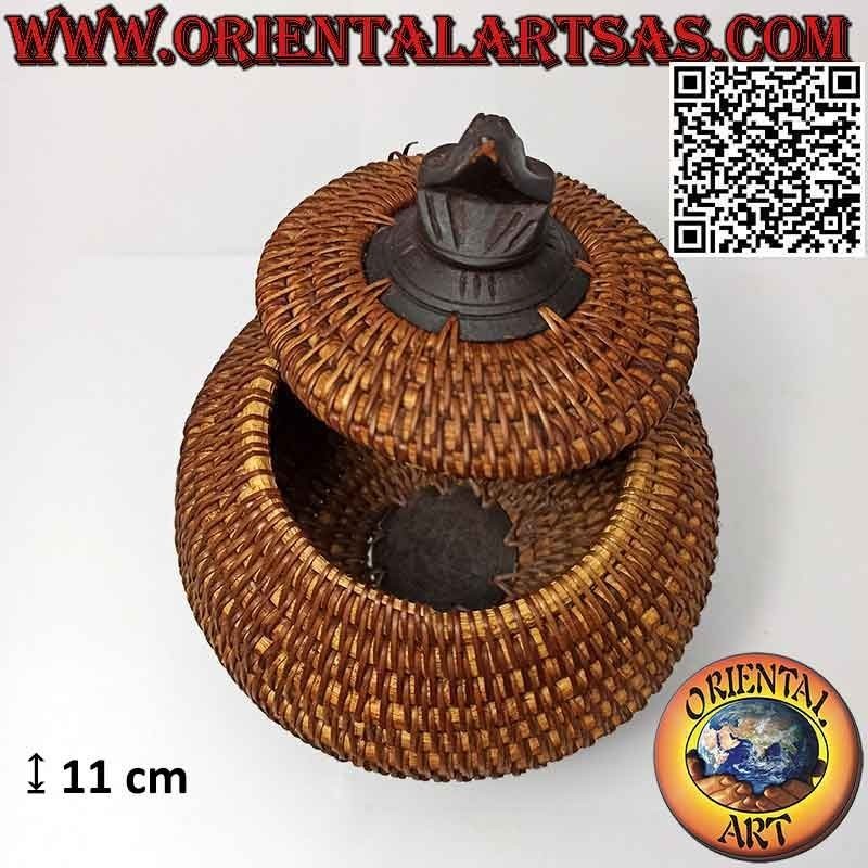 Kugelförmiges Schmuckkästchen mit geschnitzter Skulptur aus Mahagoni und Weide