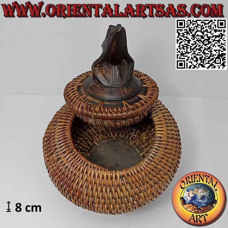 Spherical jewelry box with carved sculpture in mahogany and wicker