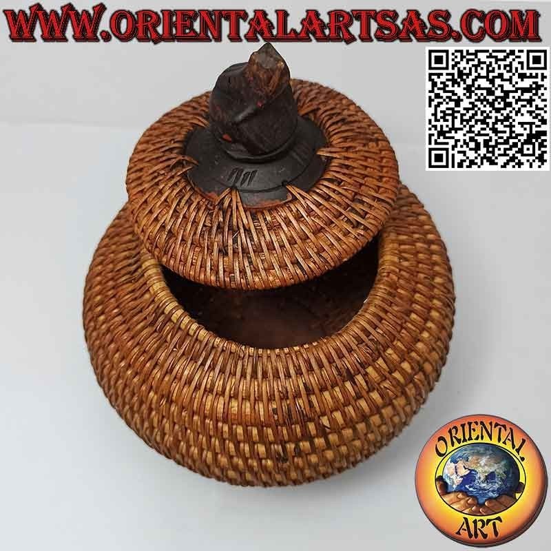 Spherical jewelry box with carved sculpture in mahogany and wicker