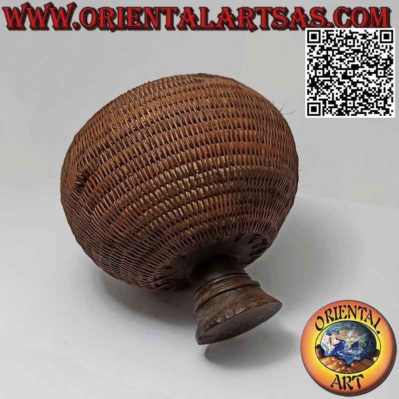 Spherical antique jewelry box with carved sculpture in mahogany and wicker
