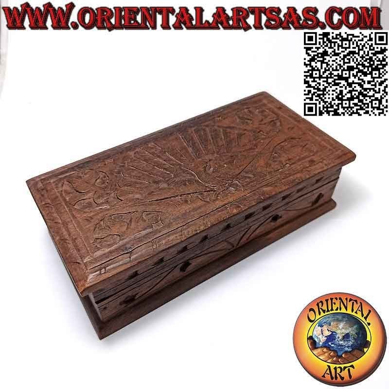 Joyero en cofre con pavo real tallado, en madera de sonokeling (ébano de Indonesia) 20x10 cm