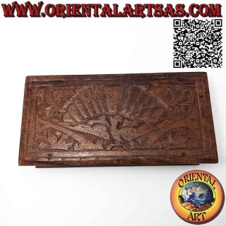 Joyero en cofre con pavo real tallado, en madera de sonokeling (ébano de Indonesia) 20x10 cm