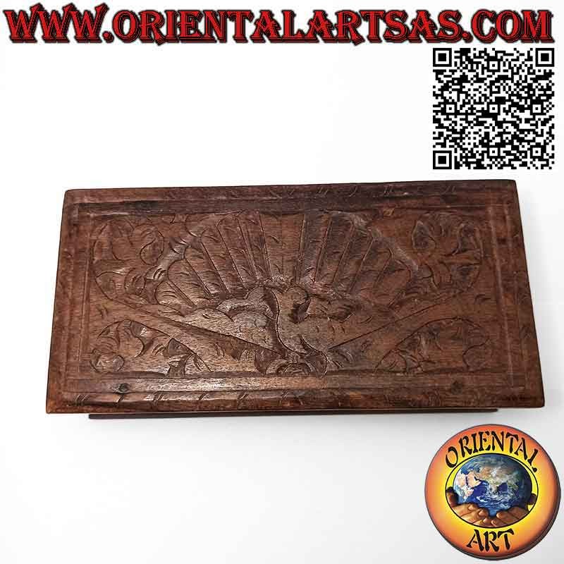 Scatola portagioie a cofanetto con pavone intagliato, in legno sonokeling (ebano Indonesiano) da 20x10 cm