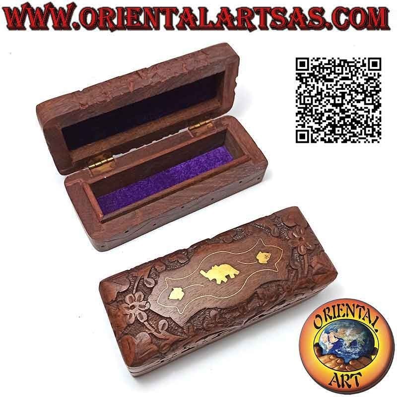 Boîte à bijoux en palissandre 13x5 avec intérieur doublé et sculptures florales