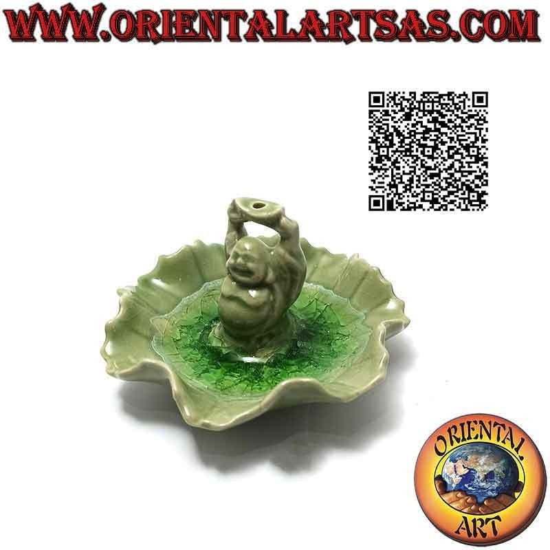 Incense burner "Buddha of Abundance (Budai) standing" in the painted ceramic leaf and glazed interior