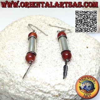 Silver cylinder earrings with carnelian sphere on the terminals and pendant feather