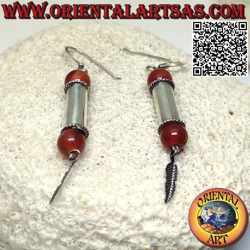 Silver cylinder earrings with carnelian sphere on the terminals and pendant feather