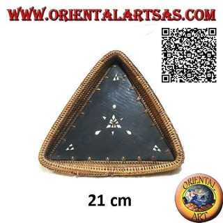 Lombok triangular tray valet tray in mahogany wood, wicker edge and mother-of-pearl inlays (small)