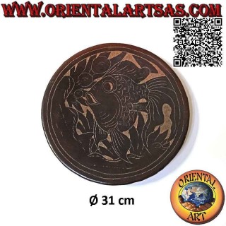 Lombok round flat pocket emptier in dark terracotta and painted fish 31 cm ø