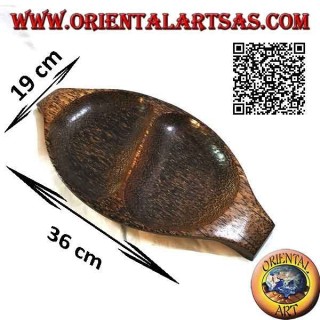 Bandeja vaciadora de bolsillo ovalada con doble compartimento en madera de coco