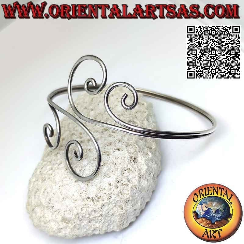 Bracelet avant-bras rigide en argent 925‰ lisse, double ligne avec vague finale des deux côtés