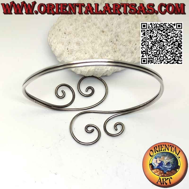 Bracciale rigido da avambraccio in argento 925‰ liscio, doppia linea con onda finale su entrambi i lati