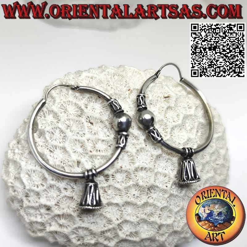 Silver earring, circle worked ball between intertwining and serpentine and aesthetic bell, 32 mm