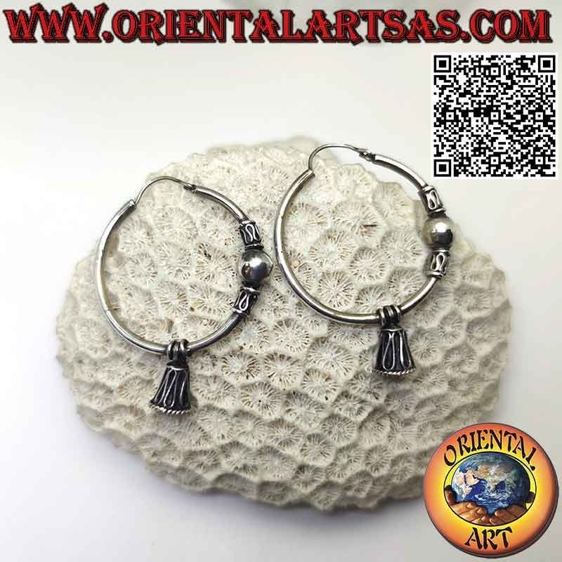 Silver earring, circle worked ball between intertwining and serpentine and aesthetic bell, 32 mm