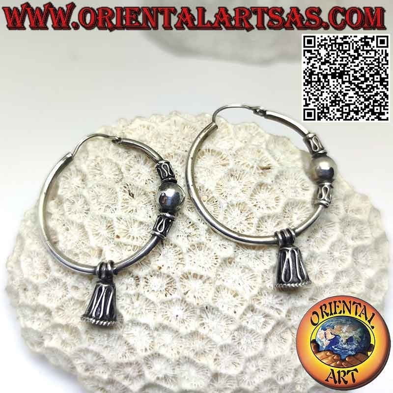 Silver earring, circle worked ball between intertwining and serpentine and aesthetic bell, 32 mm