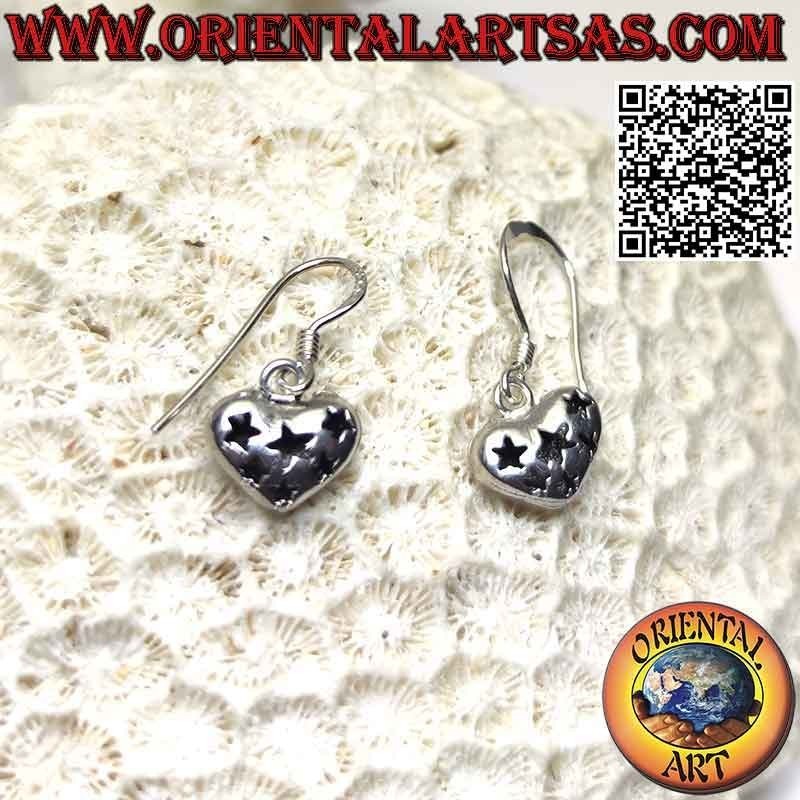 Silver leverback earrings with smooth heart with perforated stars on one side
