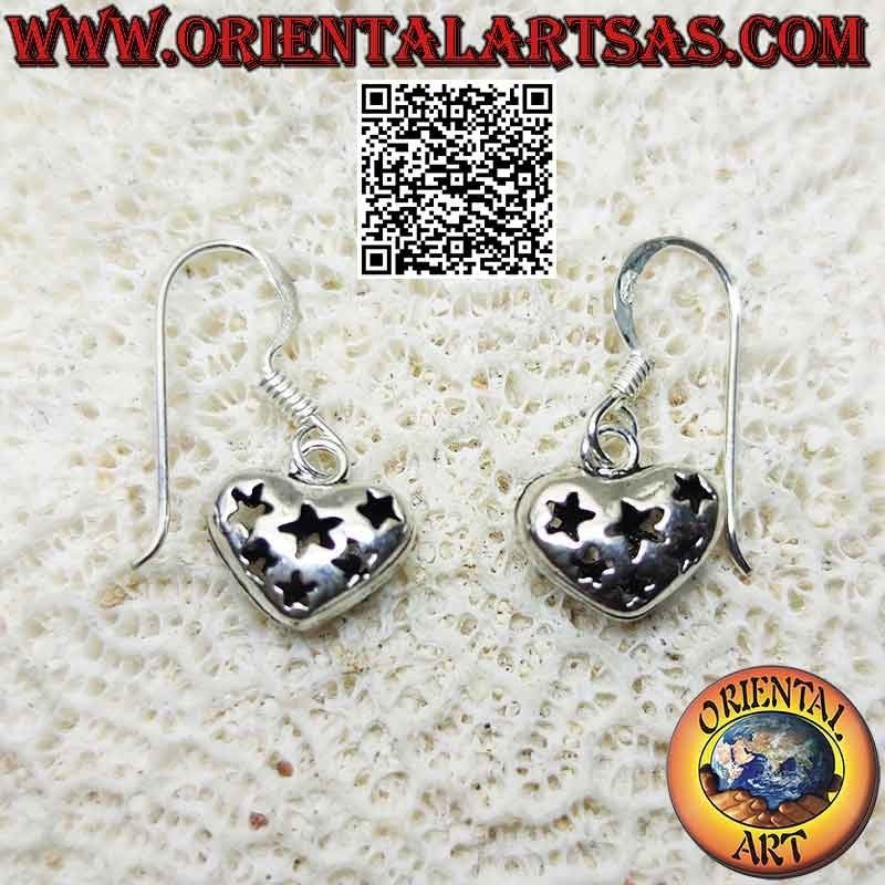 Silver leverback earrings with smooth heart with pierced stars on both sides