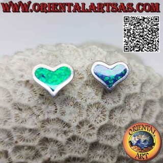 Silver lobe earrings with blue fire opal in the shape of a wide heart and smooth setting