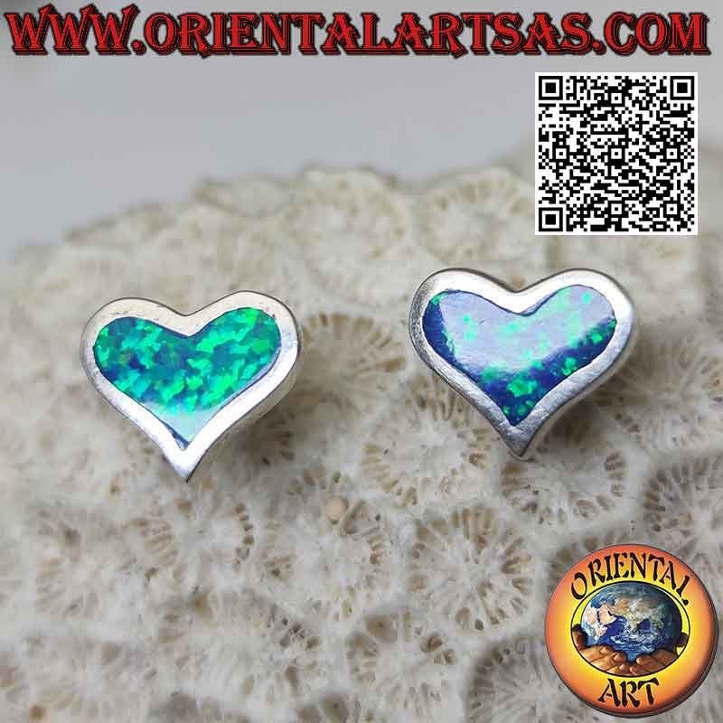 Boucles d'oreilles lobes en argent avec opale de feu bleue en forme de cœur large et monture lisse