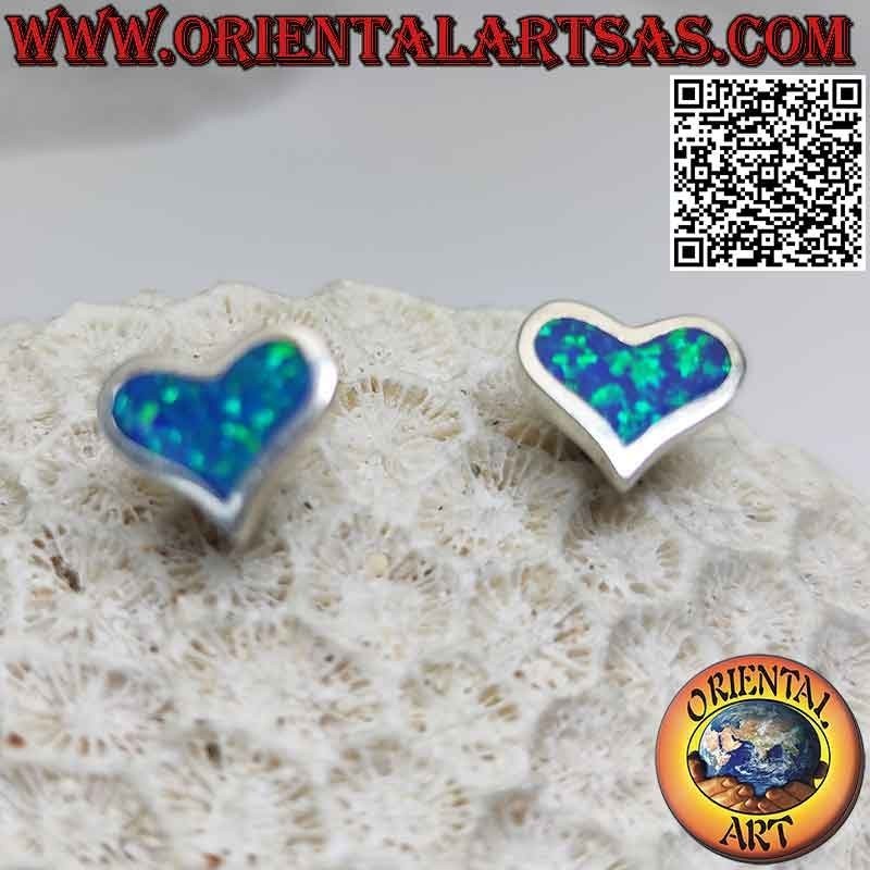Silver lobe earrings with blue fire opal in the shape of a wide heart and smooth setting