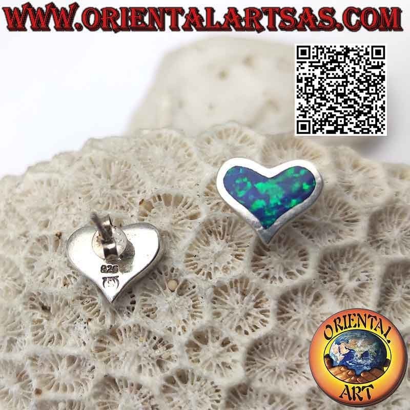 Silver lobe earrings with blue fire opal in the shape of a wide heart and smooth setting