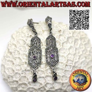 Pendientes de plata, doble escudo hexagonal tachonado de marcasita, con dos amatistas naturales redondas