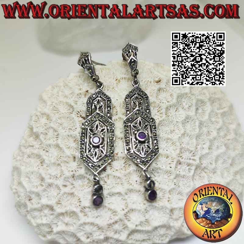 Pendientes de plata, doble escudo hexagonal tachonado de marcasita, con dos amatistas naturales redondas