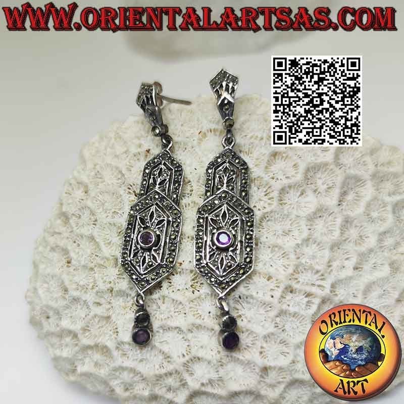 Boucles d'oreilles en argent, double bouclier hexagonal serti de marcassite, avec deux améthystes naturelles rondes
