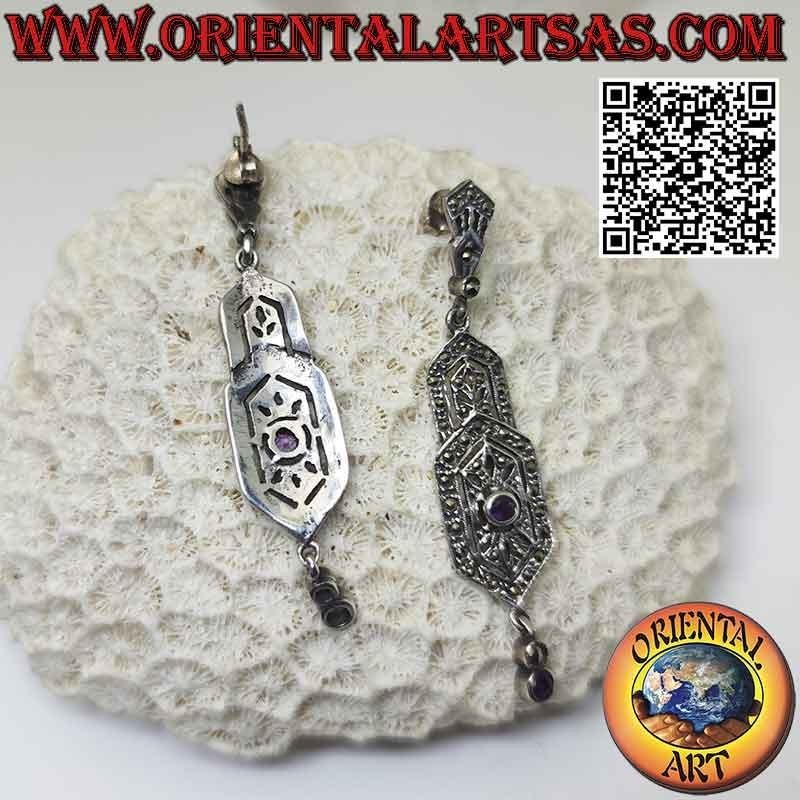 Silver earrings, double hexagonal shield studded with marcasite, with two round natural amethysts