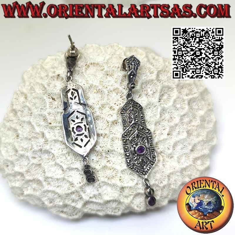 Orecchini in argento, doppio scudo esagonale tempestato di marcasite, con due ametista naturale tonde