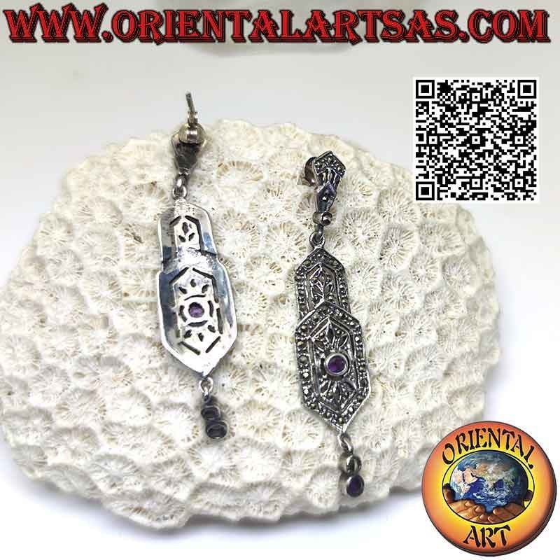 Orecchini in argento, doppio scudo esagonale tempestato di marcasite, con due ametista naturale tonde